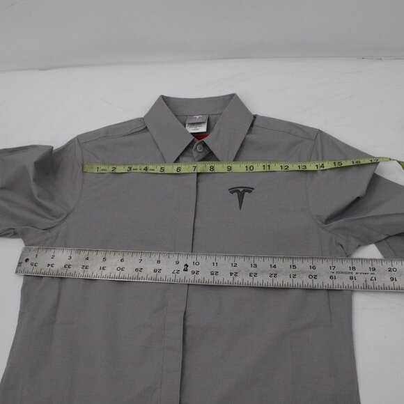 Tesla Shirt Womens XS Button Up 3/4 Sleeve Embroidered Logo Gray solid preppy - Picture 13 of 14